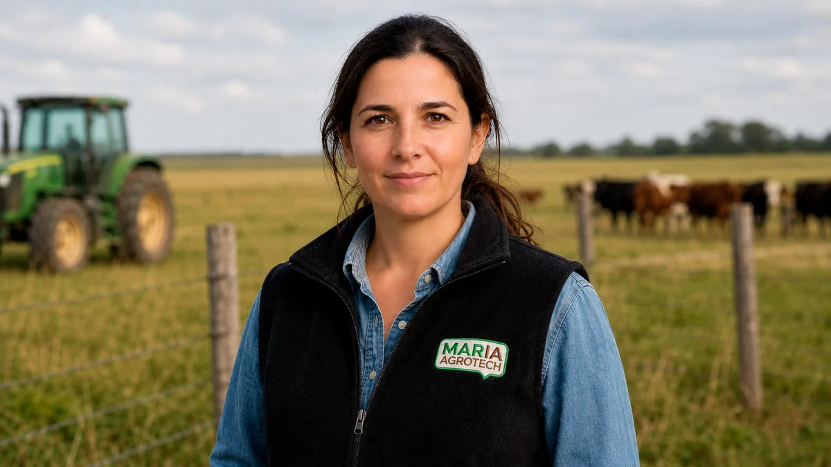 María Ocampo, la asistente de María Agrotech, recorriendo un campo con ganado